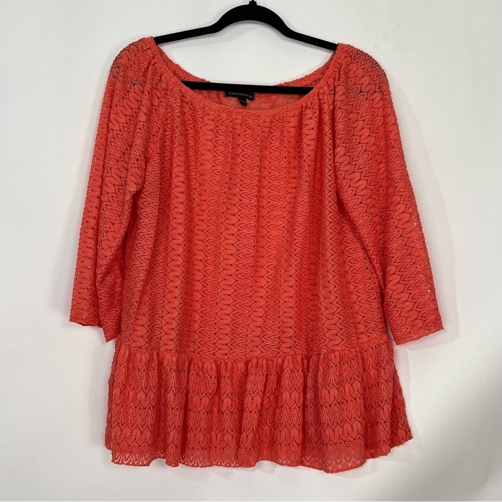 Signature Studio Orange Lace Semi Sheer 3/4 Sleeves Ruffle Peplum Peasant Top L